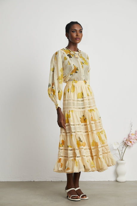 Éva yellow floralprint blouse  skirt matching set