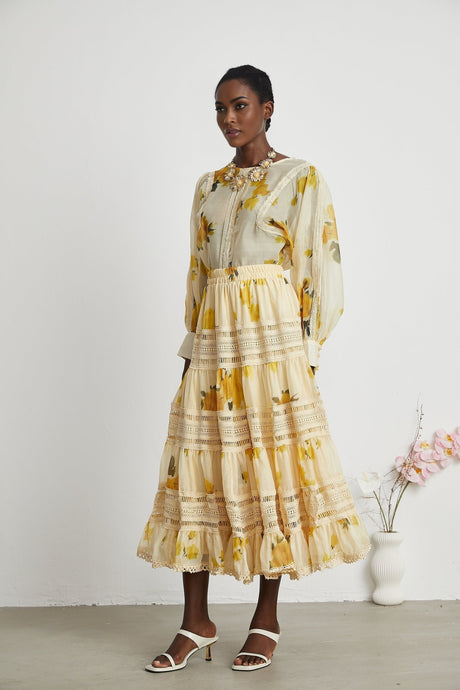 Éva yellow floralprint blouse  skirt matching set