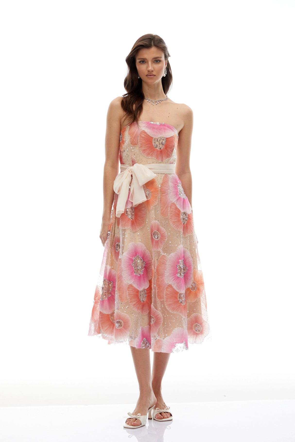Evangeline Orange Floral Print Embellished Midi Dress