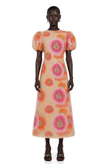 Evangeline Orange Floral Print Midi Dress with Sequins and Rhinestones