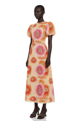 Evangeline Orange Floral Print Midi Dress with Sequins and Rhinestones