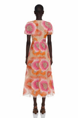 Evangeline Orange Floral Print Midi Dress with Sequins and Rhinestones