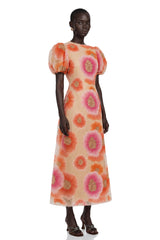 Evangeline Orange Floral Print Midi Dress with Sequins and Rhinestones