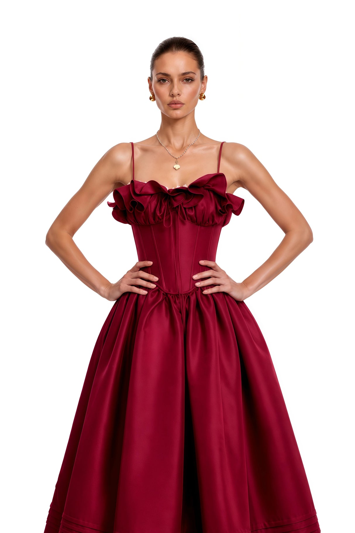 Evelina Red Corset Maxi Dress with Spaghetti Straps
