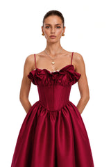 Evelina Red Corset Maxi Dress with Spaghetti Straps