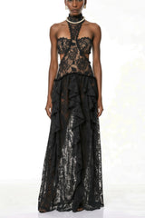 Evelyn Black Halterneck Lace Maxi Dress