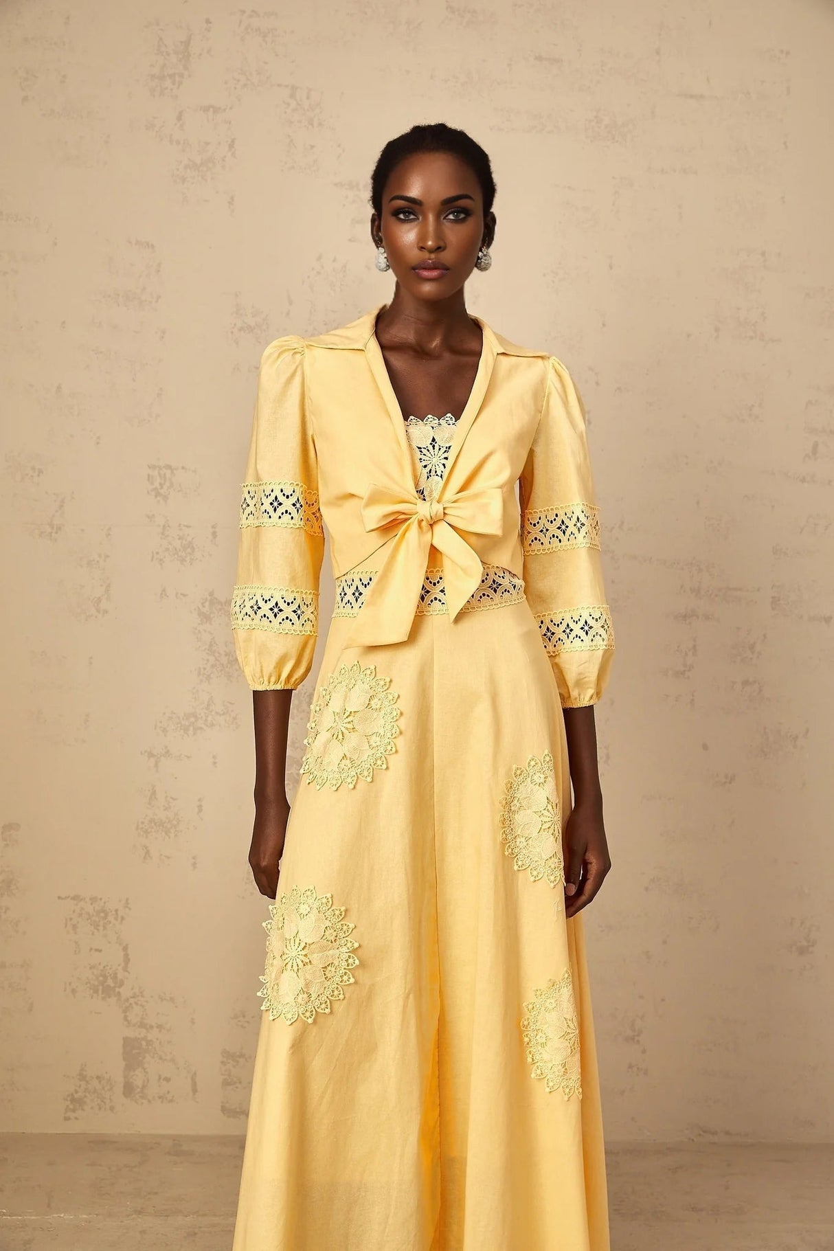 Evelyn Blouse & Dress Set with Lace Details in Yellow