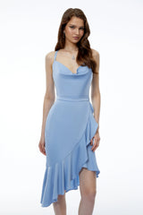 Evelyn Dusty Blue Asymmetrical Midi Dress