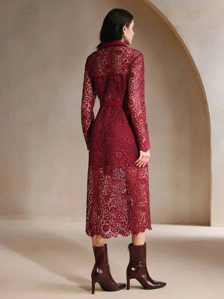 Evelyn Midi Dress - Neckline Collar - Elegant Style - High Waist - Long Sleeve - Color
