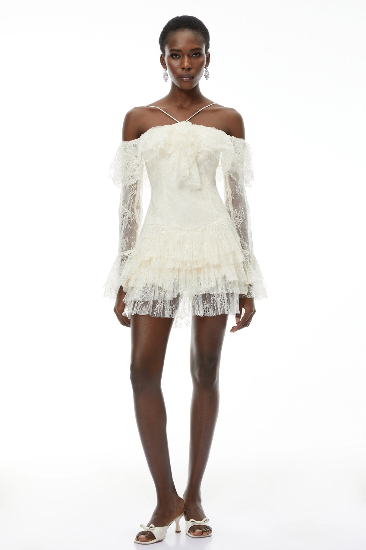 Evelyn Neutral Off Shoulder Tiered Mini Dress