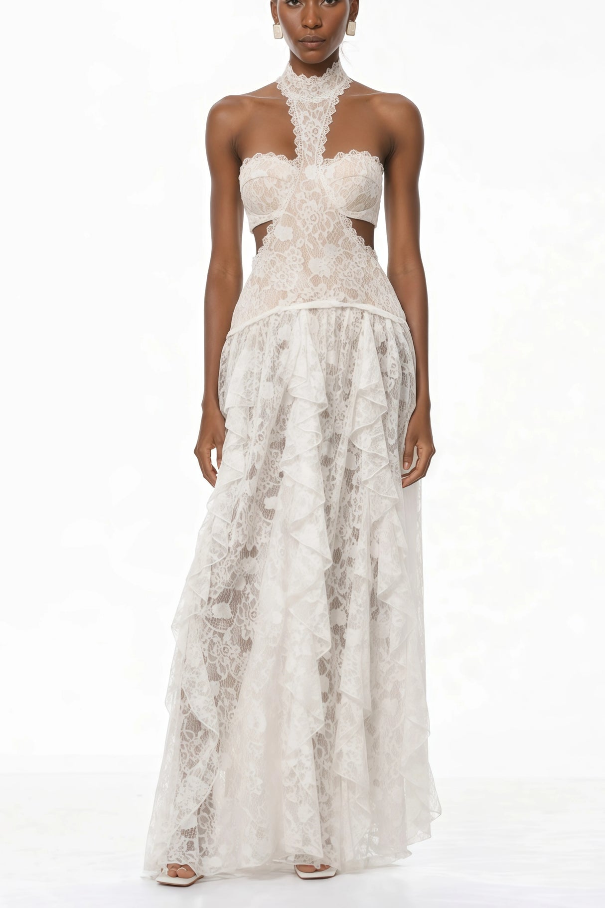 Evelyn White Halterneck Lace Maxi Dress
