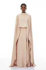 Everleigh Champagne Satin Top  Skirt Set With Cape Detail