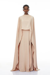 Everleigh Champagne Satin Top  Skirt Set With Cape Detail