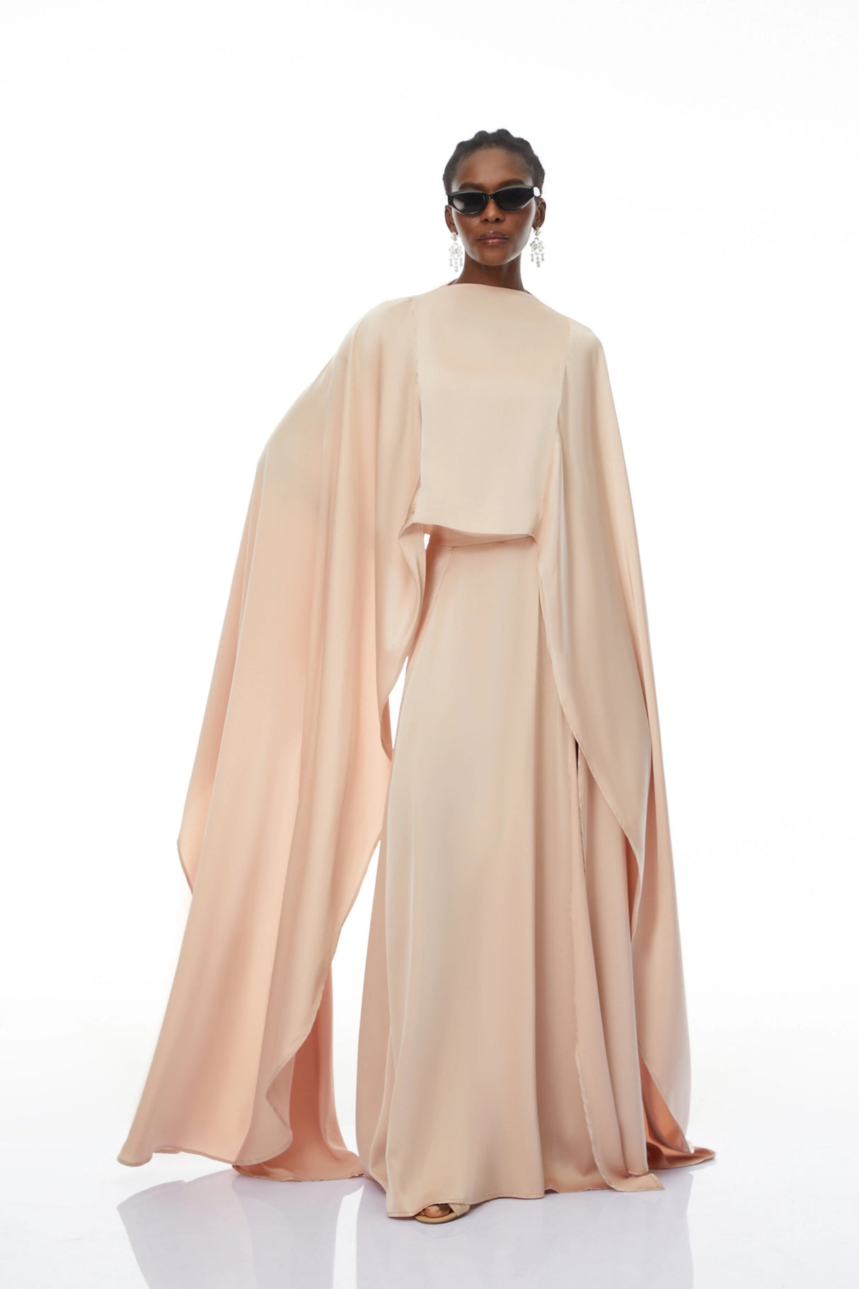 Everleigh Champagne Satin Top  Skirt Set With Cape Detail