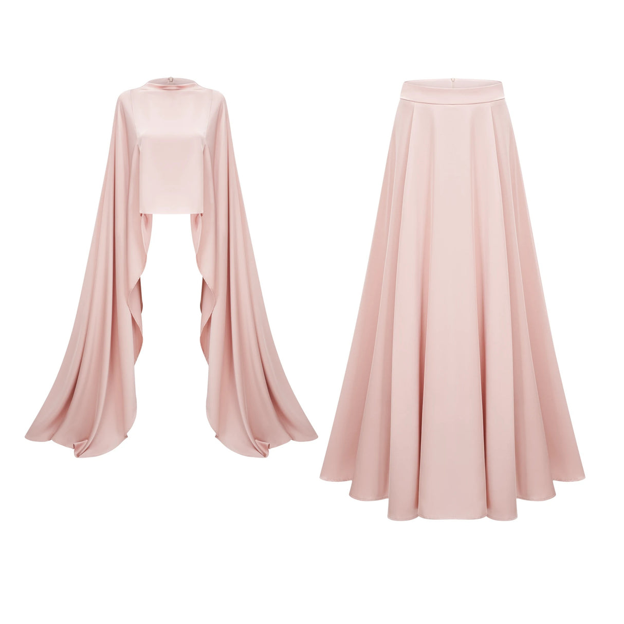 Everleigh Champagne Satin Top  Skirt Set With Cape Detail