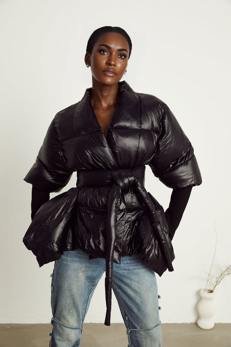 Everleigh Jacket - Padded Design - Knitted Panels - Belted Waist - Asymmetric Hem