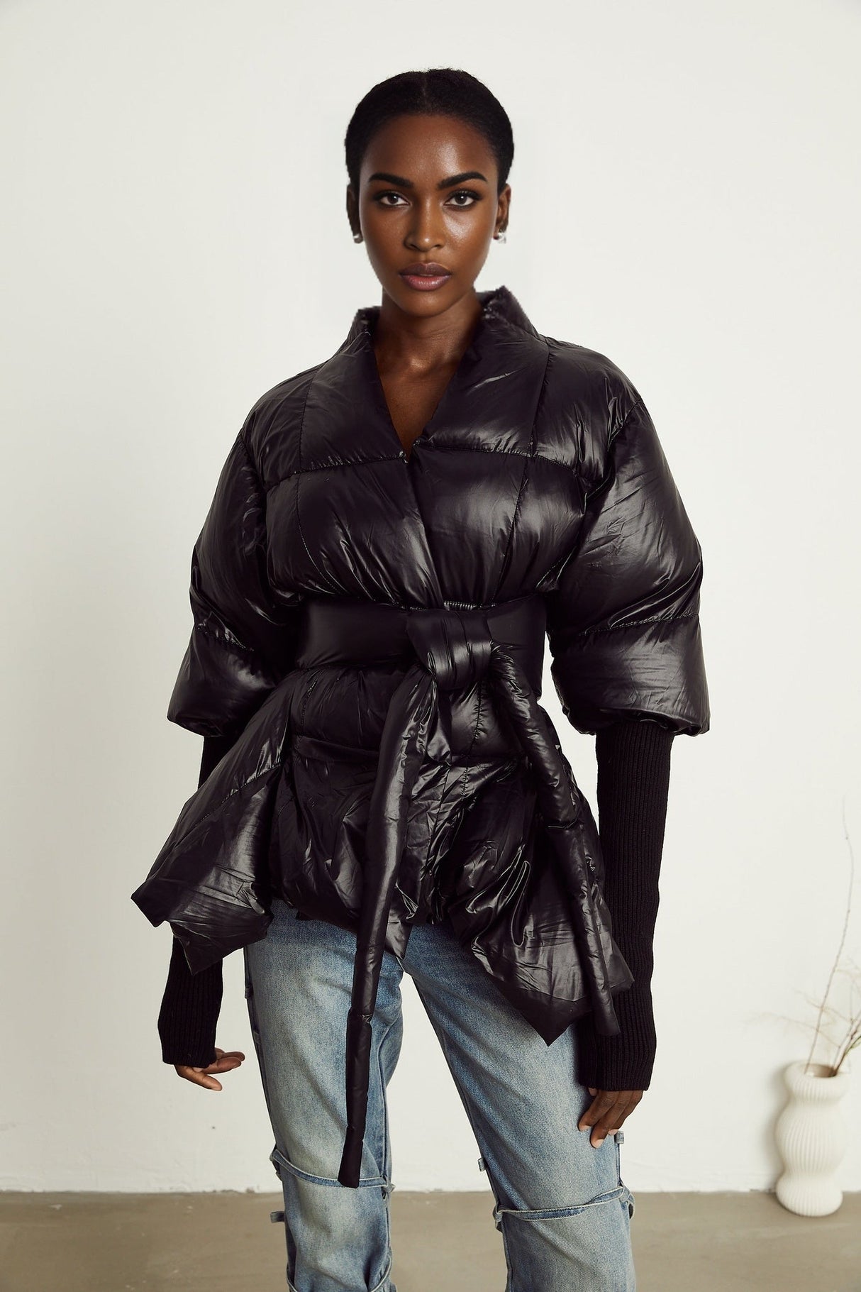 Everleigh Jacket - Padded Design - Knitted Panels - Belted Waist - Asymmetric Hem