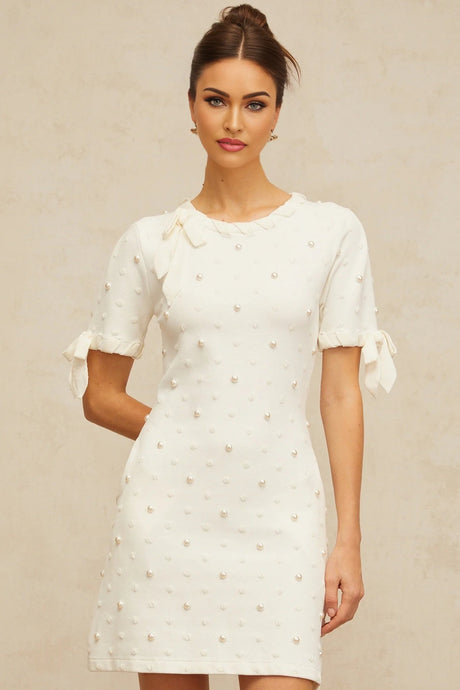 Everleigh Mini Dress White Polka - Dot Heart Cut - Out & Pearl Embellishments