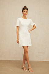 Everleigh Mini Dress White Polka - Dot Heart Cut - Out & Pearl Embellishments