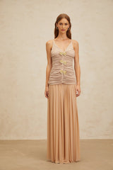 Everleigh Top & Skirt - V - Neck - Adjustable Straps - Brooch Detailing - Pleated Skirt - Maxi Length
