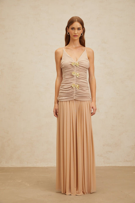 Everleigh Top & Skirt - V - Neck - Adjustable Straps - Brooch Detailing - Pleated Skirt - Maxi Length