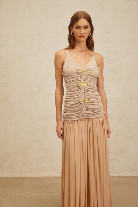 Everleigh Top & Skirt - V - Neck - Adjustable Straps - Brooch Detailing - Pleated Skirt - Maxi Length