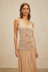 Everleigh Top & Skirt - V - Neck - Adjustable Straps - Brooch Detailing - Pleated Skirt - Maxi Length