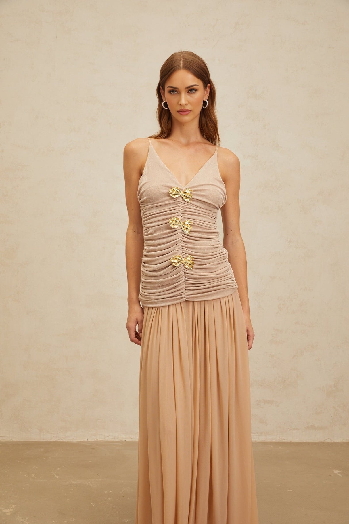Everleigh Top & Skirt - V - Neck - Adjustable Straps - Brooch Detailing - Pleated Skirt - Maxi Length