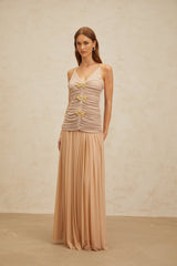 Everleigh Top & Skirt - V - Neck - Adjustable Straps - Brooch Detailing - Pleated Skirt - Maxi Length