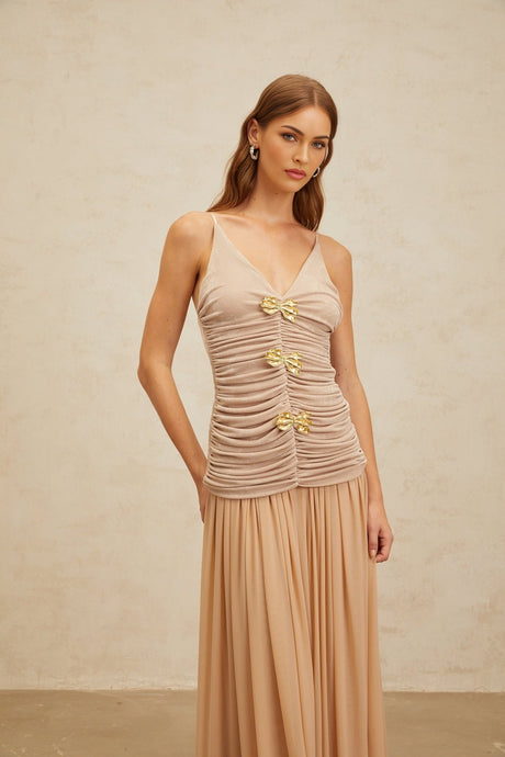 Everleigh Top & Skirt - V - Neck - Adjustable Straps - Brooch Detailing - Pleated Skirt - Maxi Length