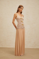 Everleigh Top & Skirt - V - Neck - Adjustable Straps - Brooch Detailing - Pleated Skirt - Maxi Length