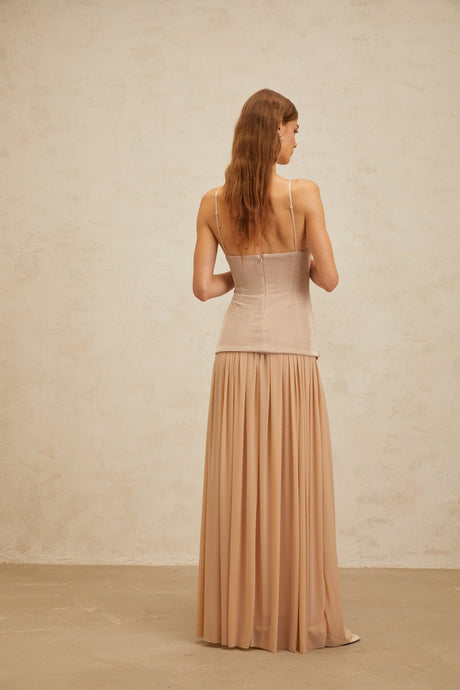 Everleigh Top & Skirt - V - Neck - Adjustable Straps - Brooch Detailing - Pleated Skirt - Maxi Length