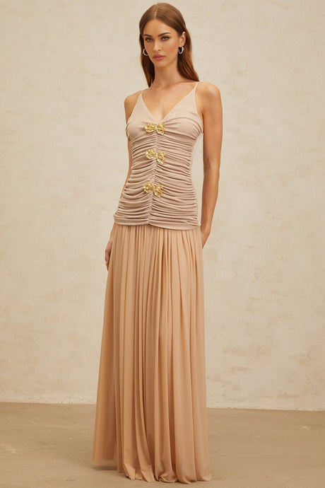 Everleigh Top & Skirt - V - Neck - Adjustable Straps - Brooch Detailing - Pleated Skirt - Maxi Length
