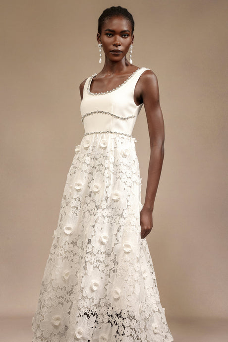 Everleigh White Lace Midi Dress with Elegant Embellishments