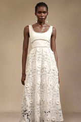 Everleigh White Lace Midi Dress with Embellished Neckline for Garden Party or Evening Event