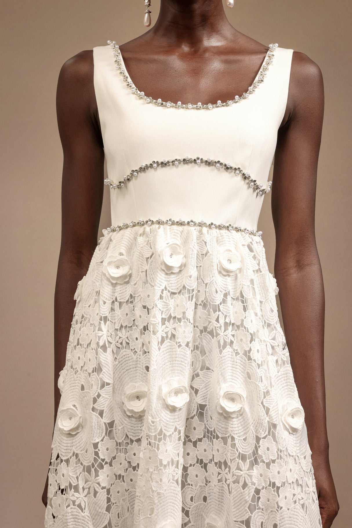 Everleigh White Lace Midi Dress with Delicate Embellishments for Elegant Occasions