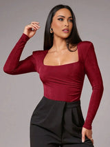 Fabiana Bodysuit - Slim Fit - Casual Style - High Stretch Fabric Elasticity - Long Sleeve Length - Square Neckline - Premium Quality