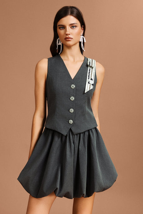 Fabiana Gray Sleeveless V-Neckline Mini Dress with Bodice Detailing and Flowing Skirt