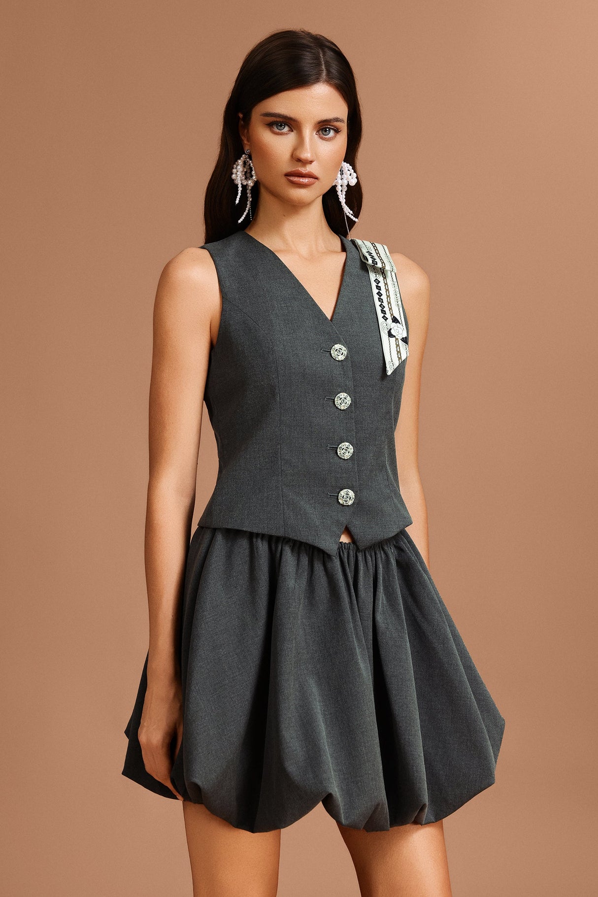 Fabiana Gray Sleeveless V-Neckline Mini Dress with Bodice Detailing