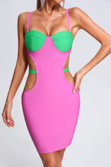 Fabiana Pink Contrast Color Mini Bandage Dress with Cutout Detailing