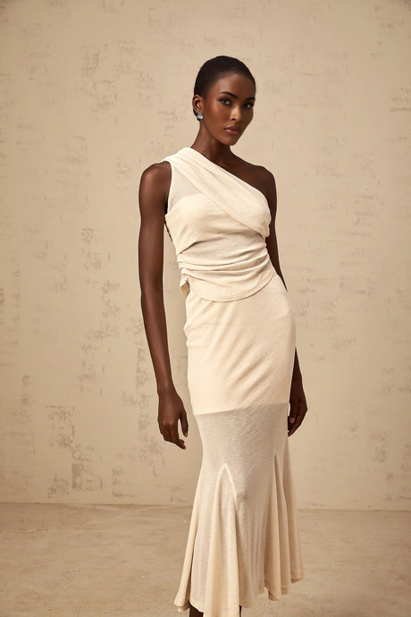 Fabiana Top & Skirt Set Neutrals Ruched Stretch Midi