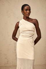 Fabiana Top & Skirt Set Neutrals Ruched Stretch Midi