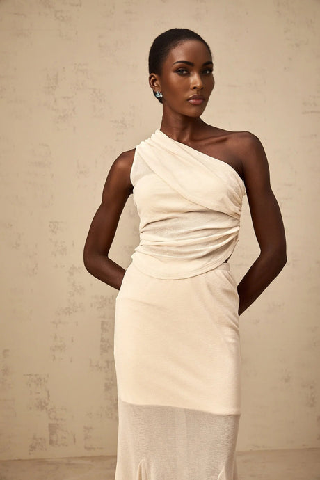 Fabiana Top & Skirt Set Neutrals Ruched Stretch Midi