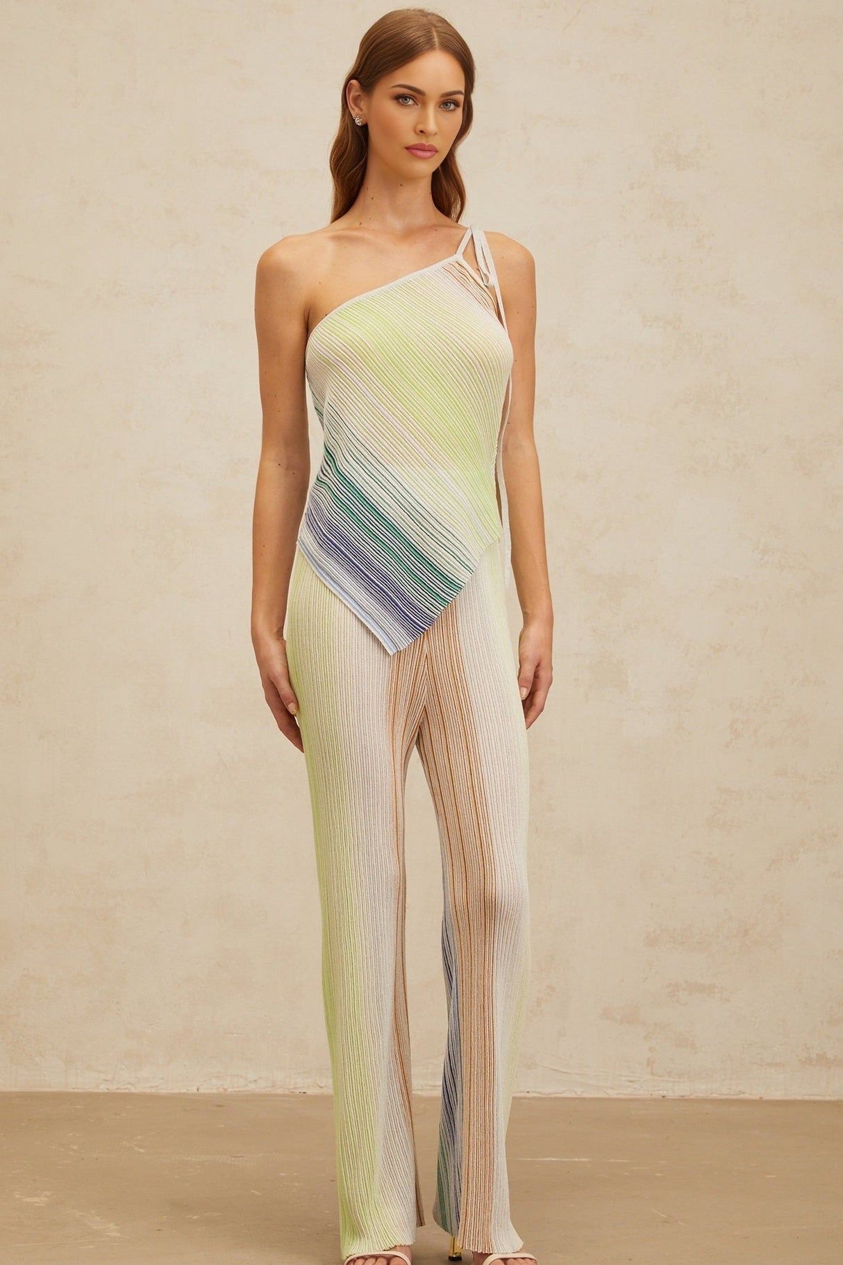 Fabiana Top & Trousers Set - Mono Shoulder Sleeveless Design - Metallic Threaded Sequin Embellishments - High Rise Wide Leg Silhouette - Asymmetrical Hem Self - Tie Fastening