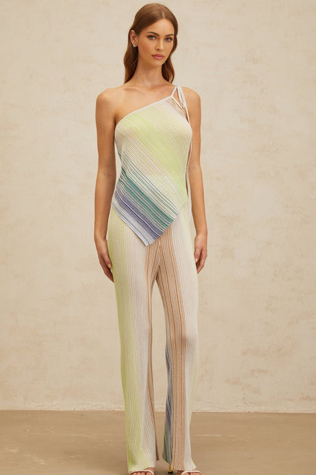 Fabiana Top & Trousers Set - Mono Shoulder Sleeveless Design - Metallic Threaded Sequin Embellishments - High Rise Wide Leg Silhouette - Asymmetrical Hem Self - Tie Fastening