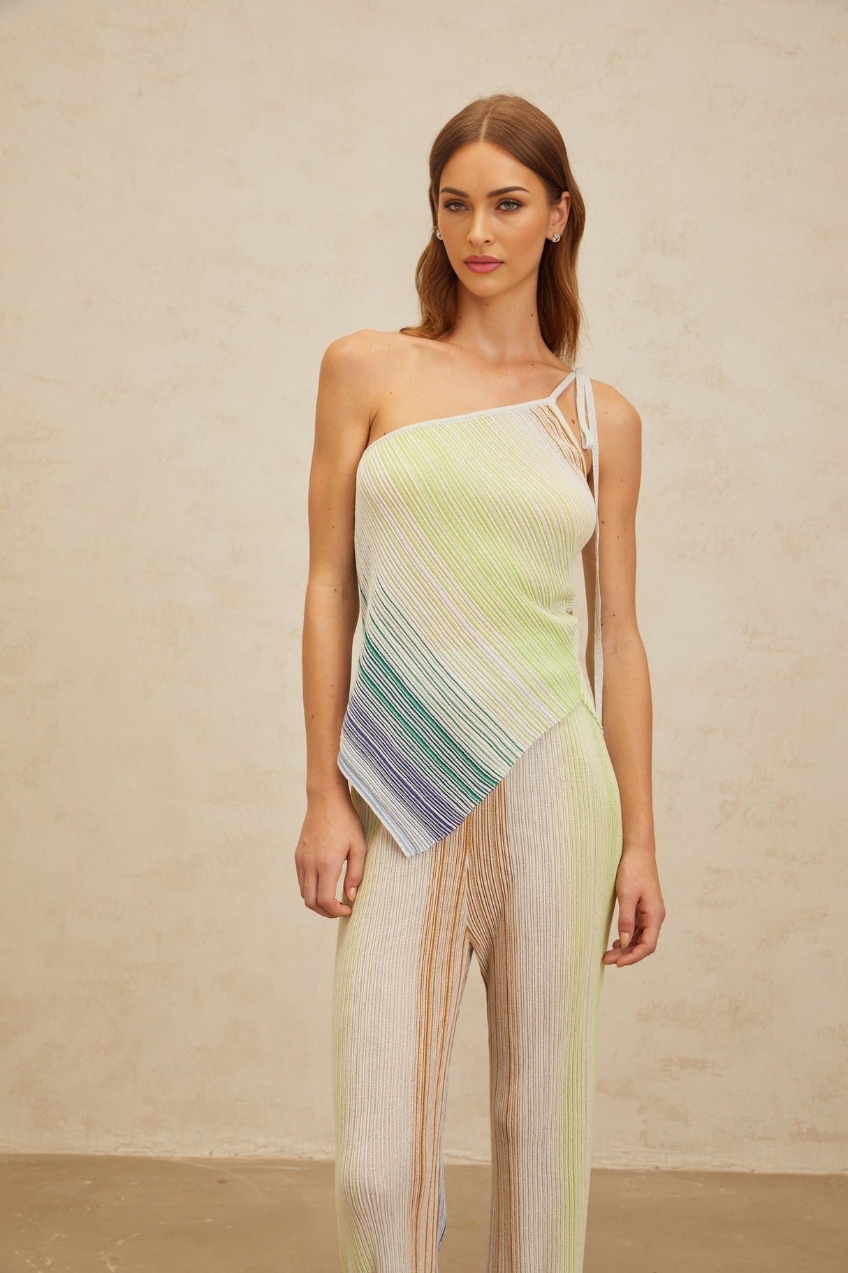 Fabiana Top & Trousers Set - Mono Shoulder Sleeveless Design - Metallic Threaded Sequin Embellishments - High Rise Wide Leg Silhouette - Asymmetrical Hem Self - Tie Fastening