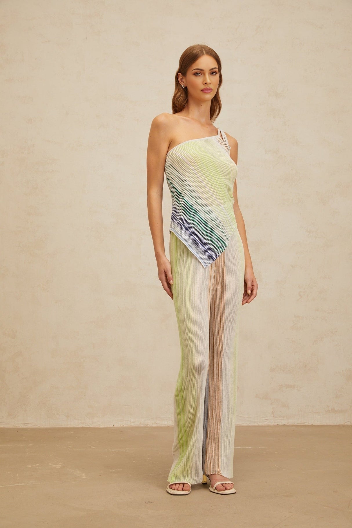 Fabiana Top & Trousers Set - Mono Shoulder Sleeveless Design - Metallic Threaded Sequin Embellishments - High Rise Wide Leg Silhouette - Asymmetrical Hem Self - Tie Fastening