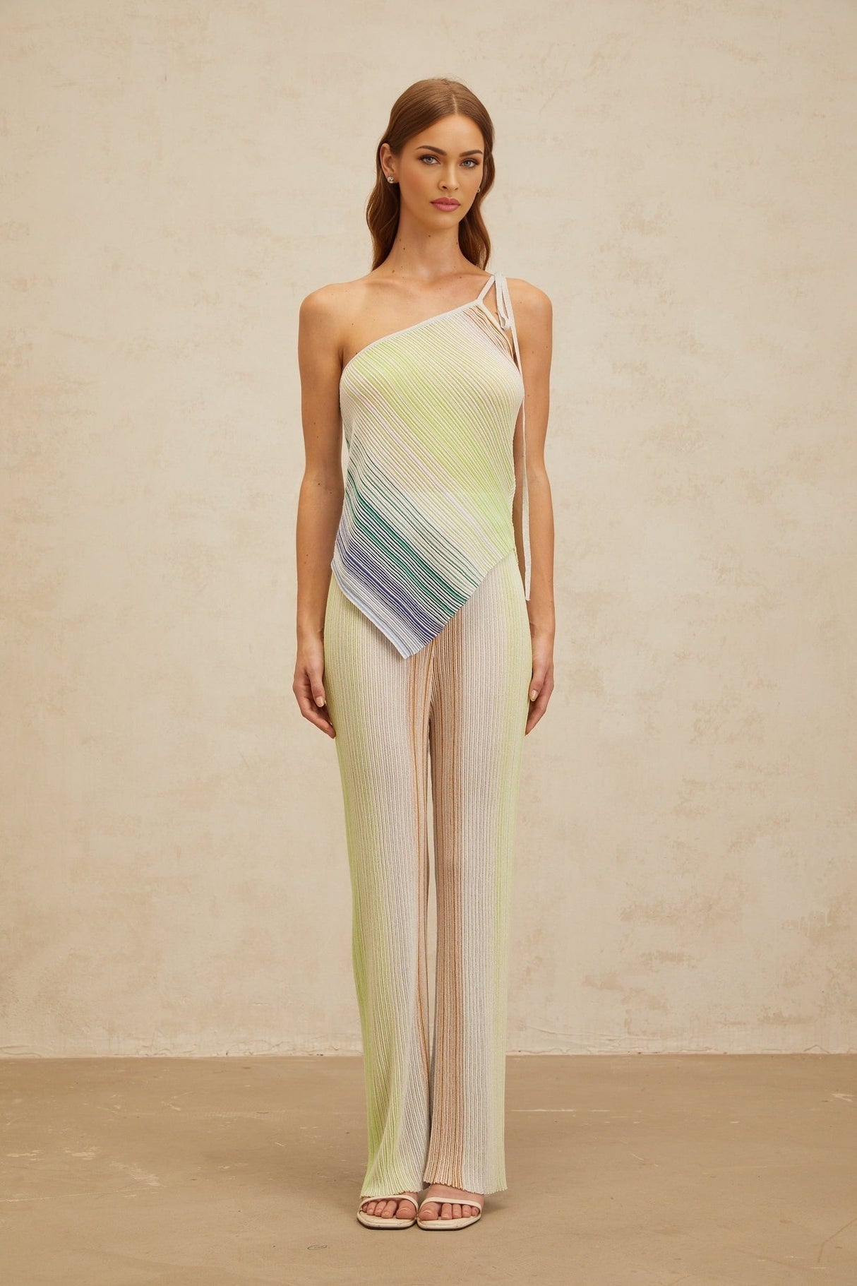 Fabiana Top & Trousers Set - Mono Shoulder Sleeveless Design - Metallic Threaded Sequin Embellishments - High Rise Wide Leg Silhouette - Asymmetrical Hem Self - Tie Fastening