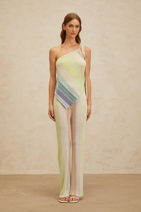 Fabiana Top & Trousers Set - Mono Shoulder Sleeveless Design - Metallic Threaded Sequin Embellishments - High Rise Wide Leg Silhouette - Asymmetrical Hem Self - Tie Fastening