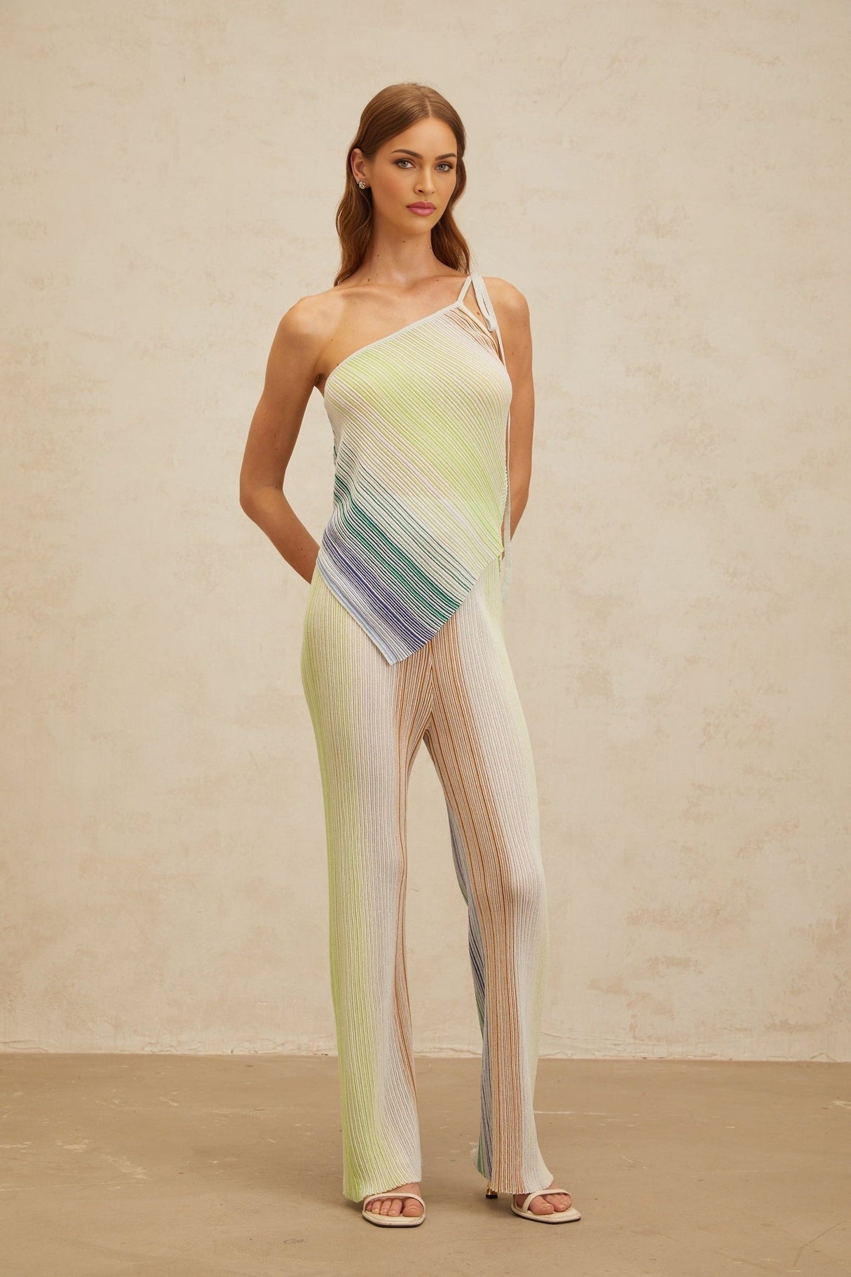 Fabiana Top & Trousers Set - Mono Shoulder Sleeveless Design - Metallic Threaded Sequin Embellishments - High Rise Wide Leg Silhouette - Asymmetrical Hem Self - Tie Fastening